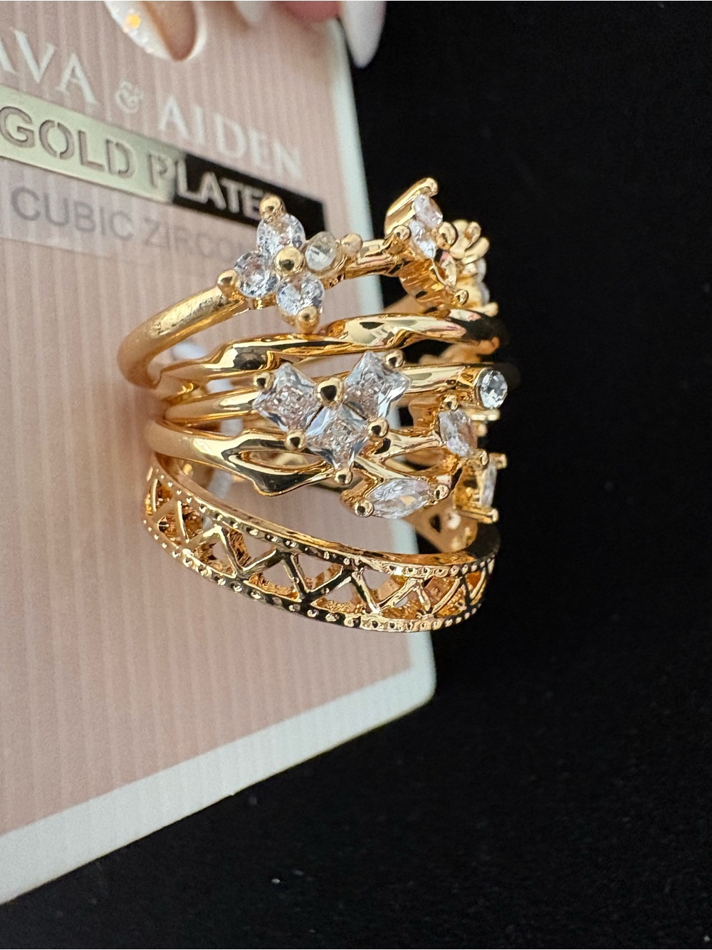 Ava & Aiden Gold-Plated Multi-Stack Floral Cubic Zirconia Ring Set